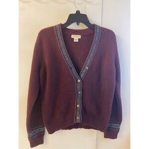 Eddie Bauer 100% Lambswool Sweater Burgundy Medium M Hong Kong VTG Cardigan